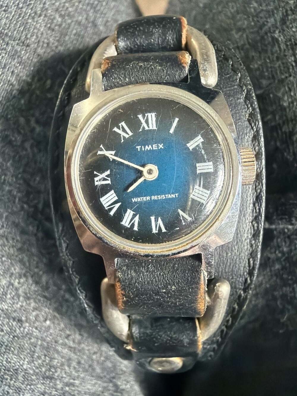 Vintage Timex Ladies Watch Blue Sunburst Dial Roman Numerals Black Leather Cuff